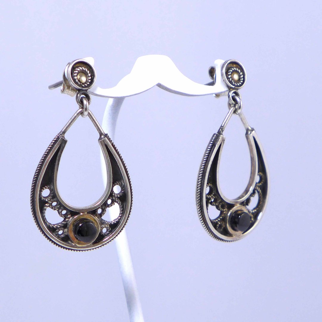 Oriental style hanging silver stud earrings