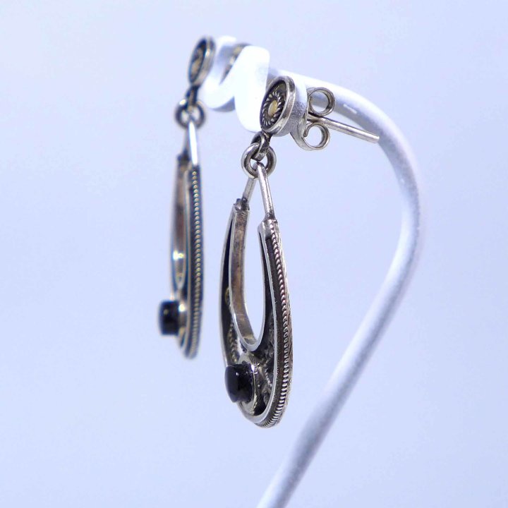 Oriental style hanging silver stud earrings