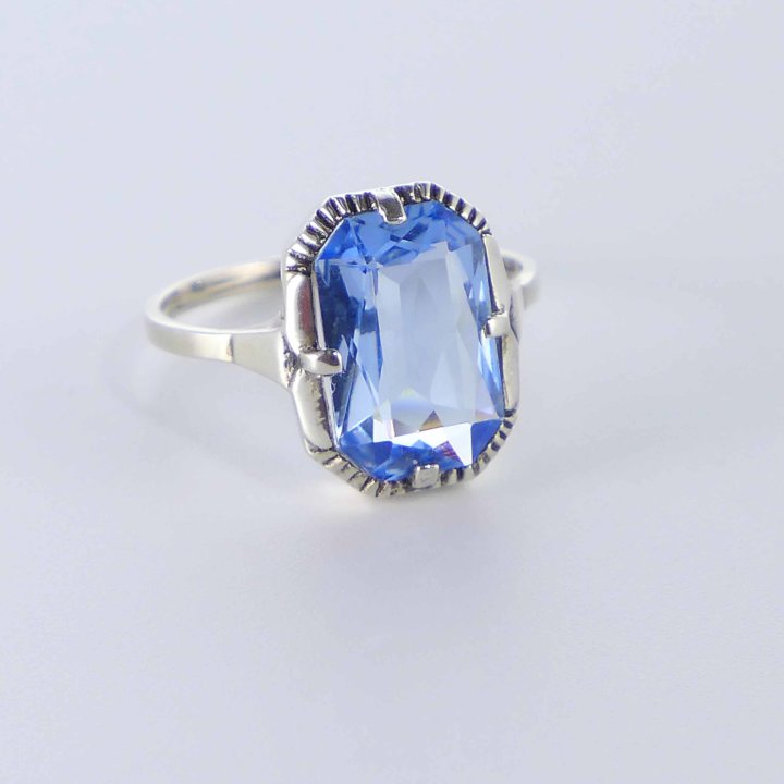 Silver ring with topaz blue crystal glass