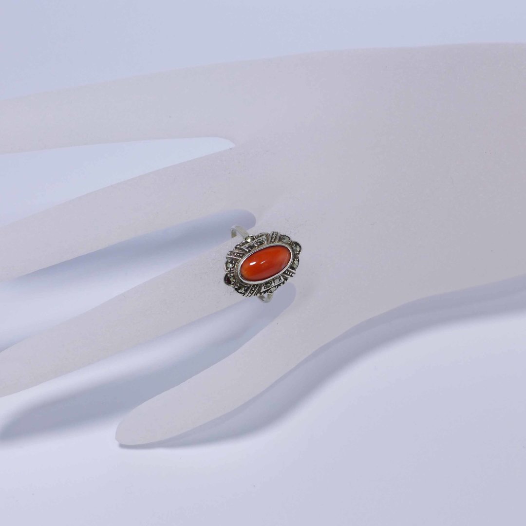 Ring with coral and marcasites