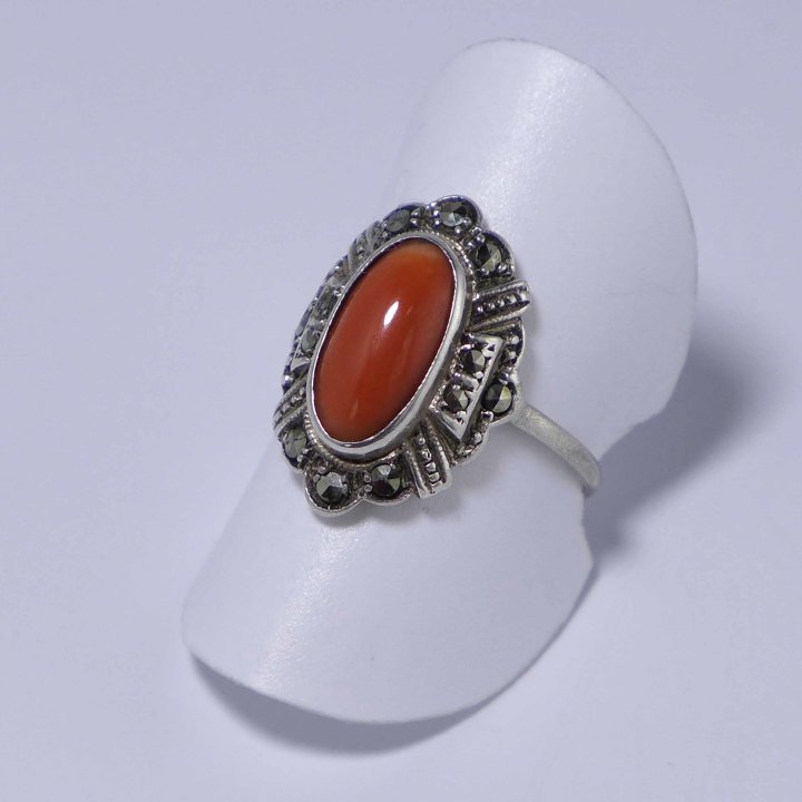 Ring with coral and marcasites