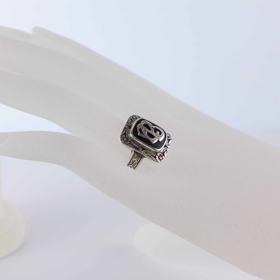EB monogram silver ring with onyx