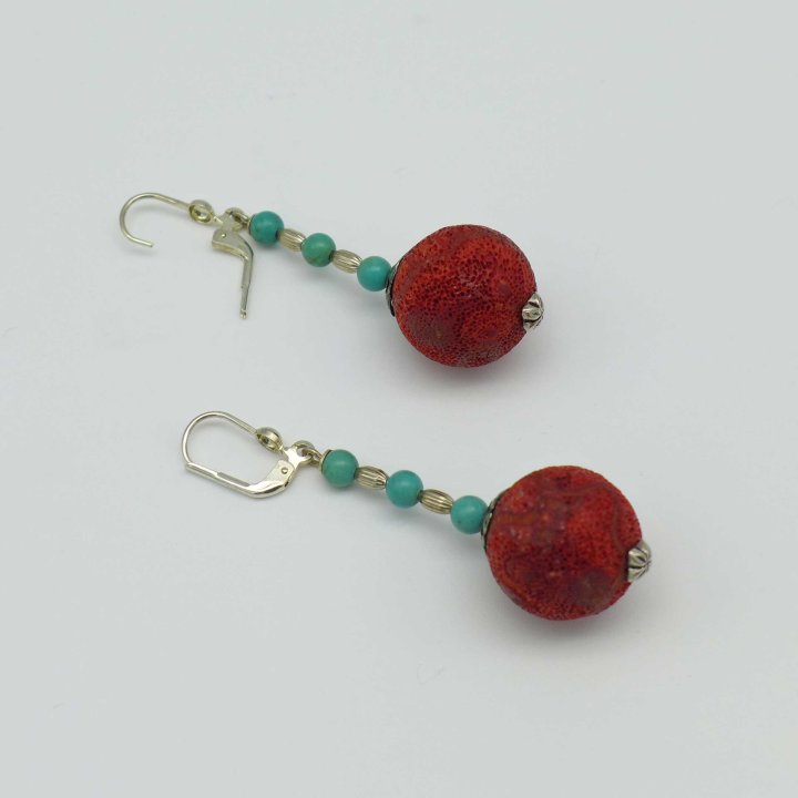 Earrings with foam coral and turquoise