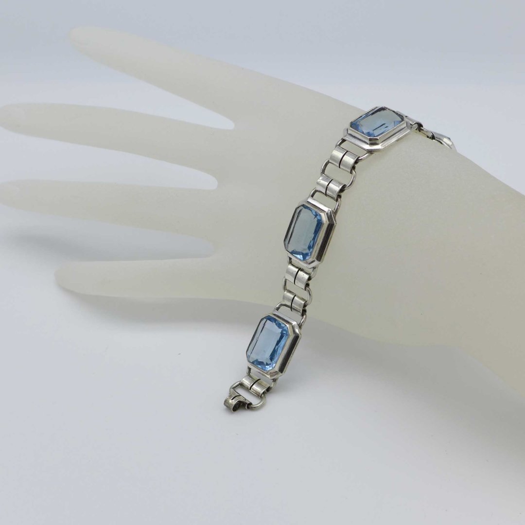 Art Deco Silver Bracelet with Light Blue Stones