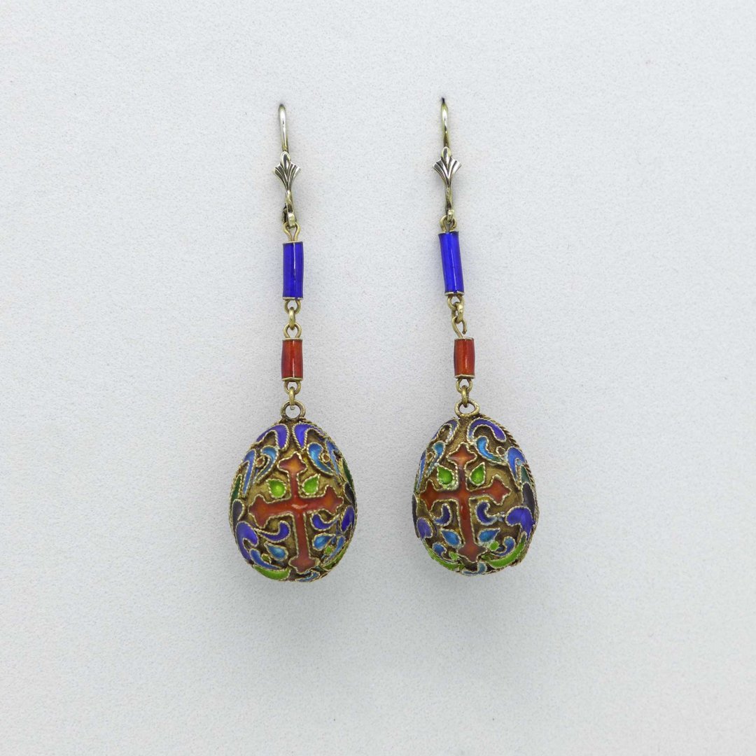 Enamelled earrings with egg-shaped pendants