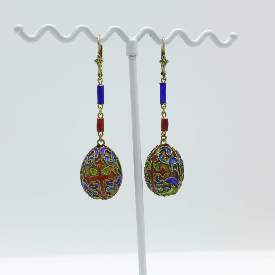 Enamelled earrings with egg-shaped pendants