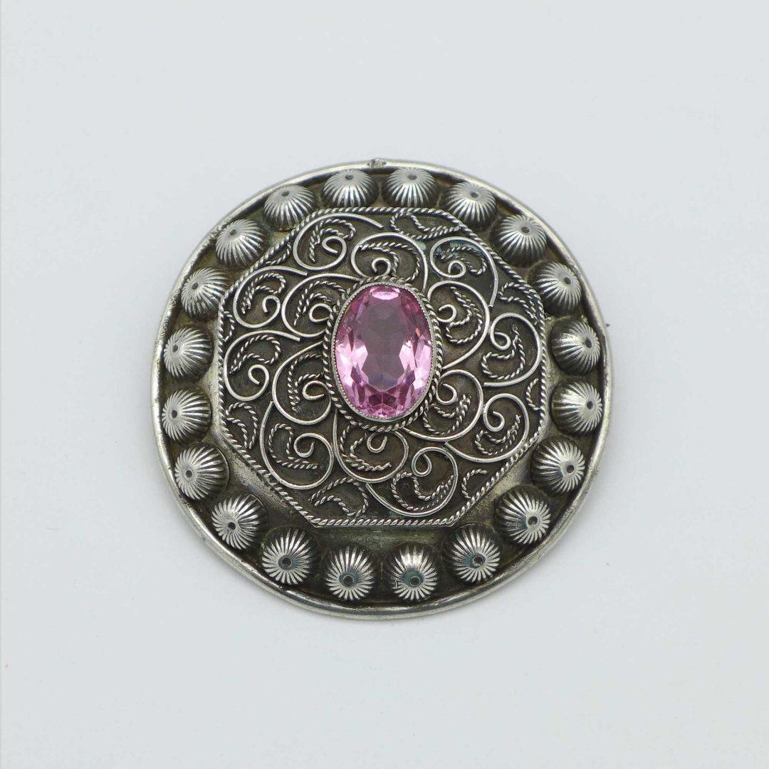 Handmade filigree brooch with pink stone