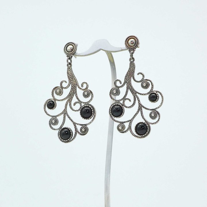 Large playful silver earrings with black obsidian