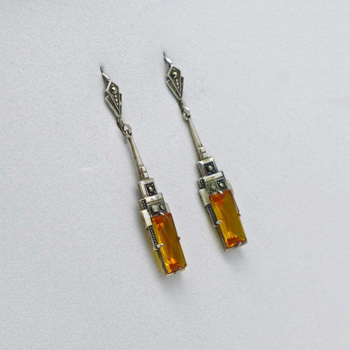 Art Déco Silber-Ohrringe mit gelbem Kristallglas und Markasit