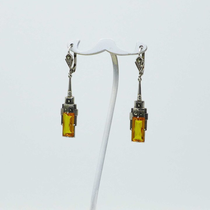 Art Deco silver earrings with yellow crystal glass and marcasite
