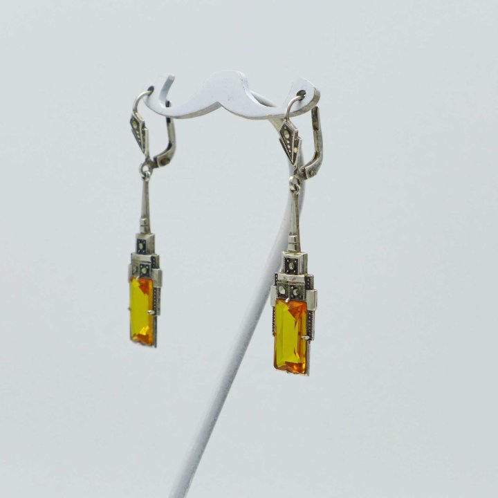 Art Déco Silber-Ohrringe mit gelbem Kristallglas und Markasit