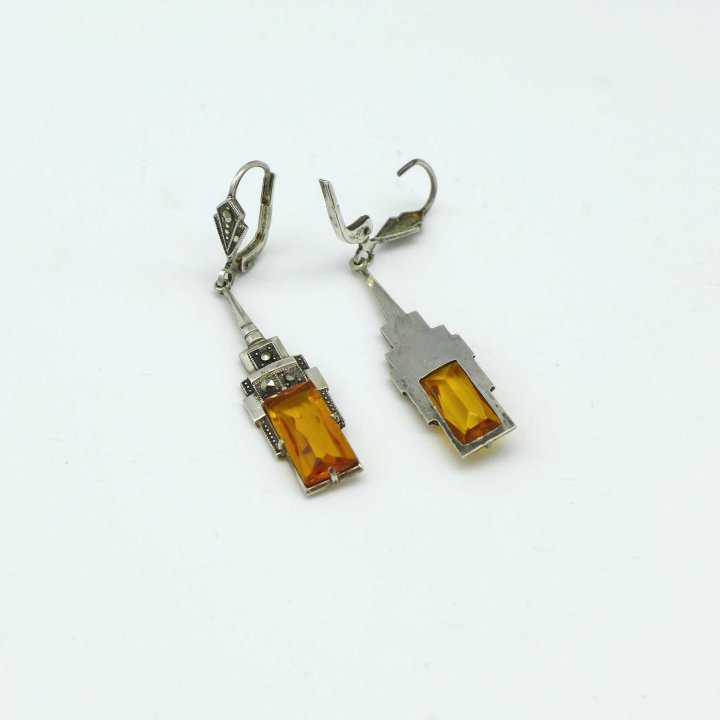Art Deco silver earrings with yellow crystal glass and marcasite