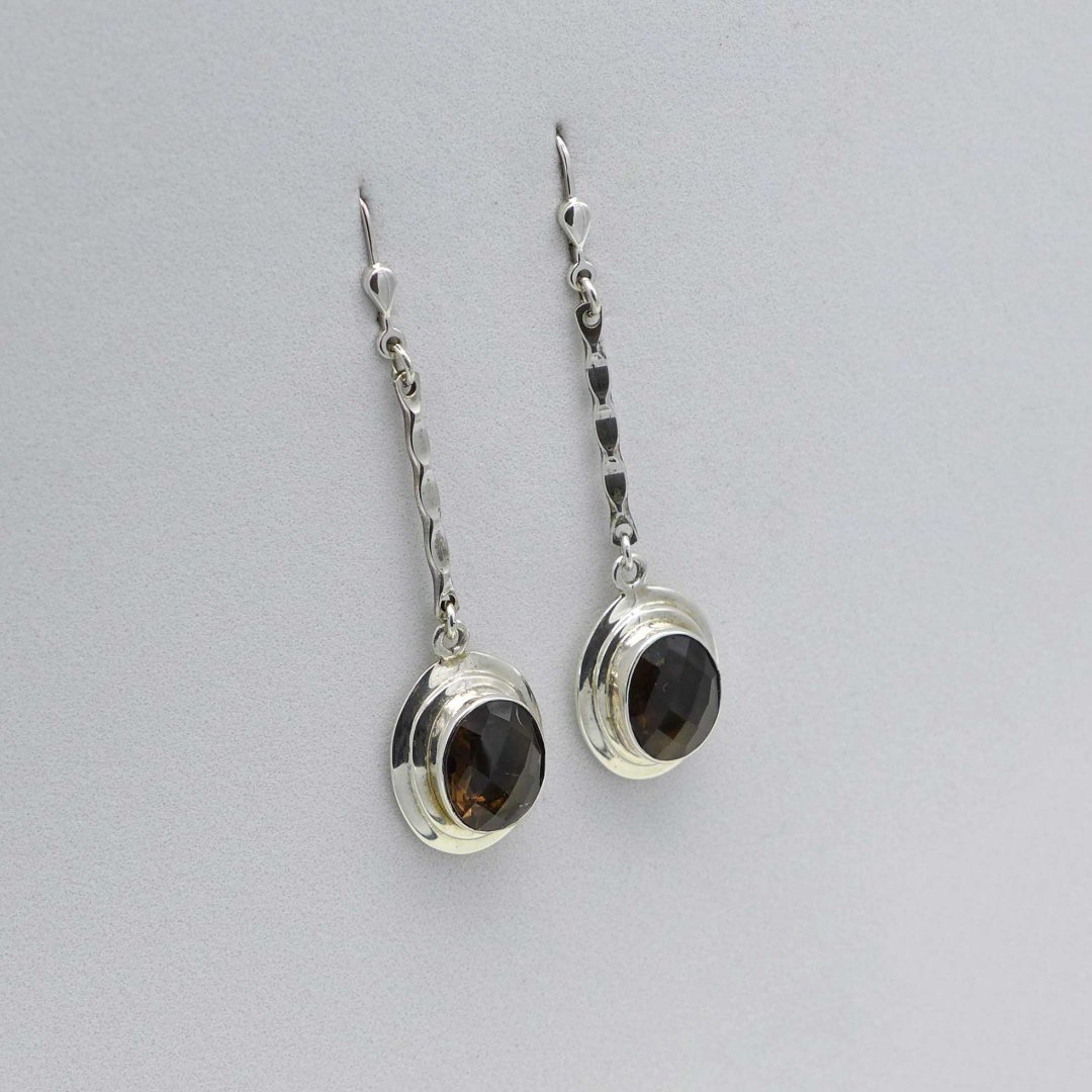 Long silver earrings with smoky quartz