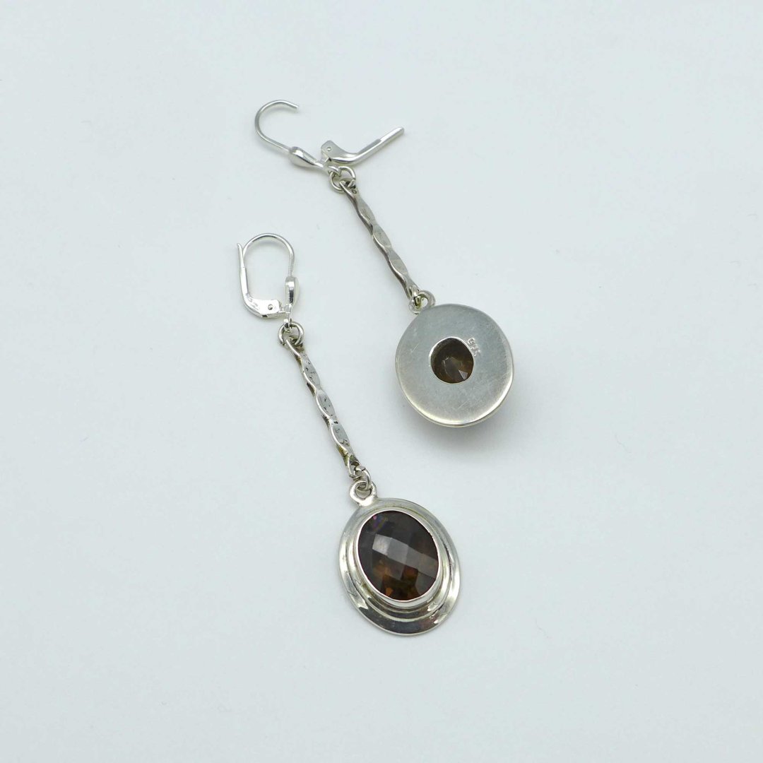Long silver earrings with smoky quartz