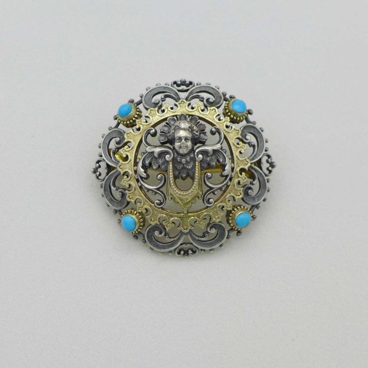 Historism Brooch with Putto and Turquoises