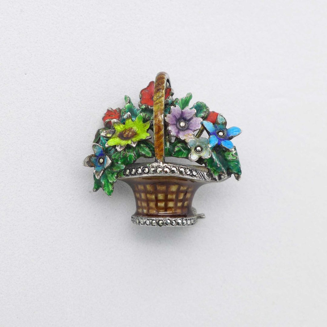 Brooch enamelled flower basket with marcasites