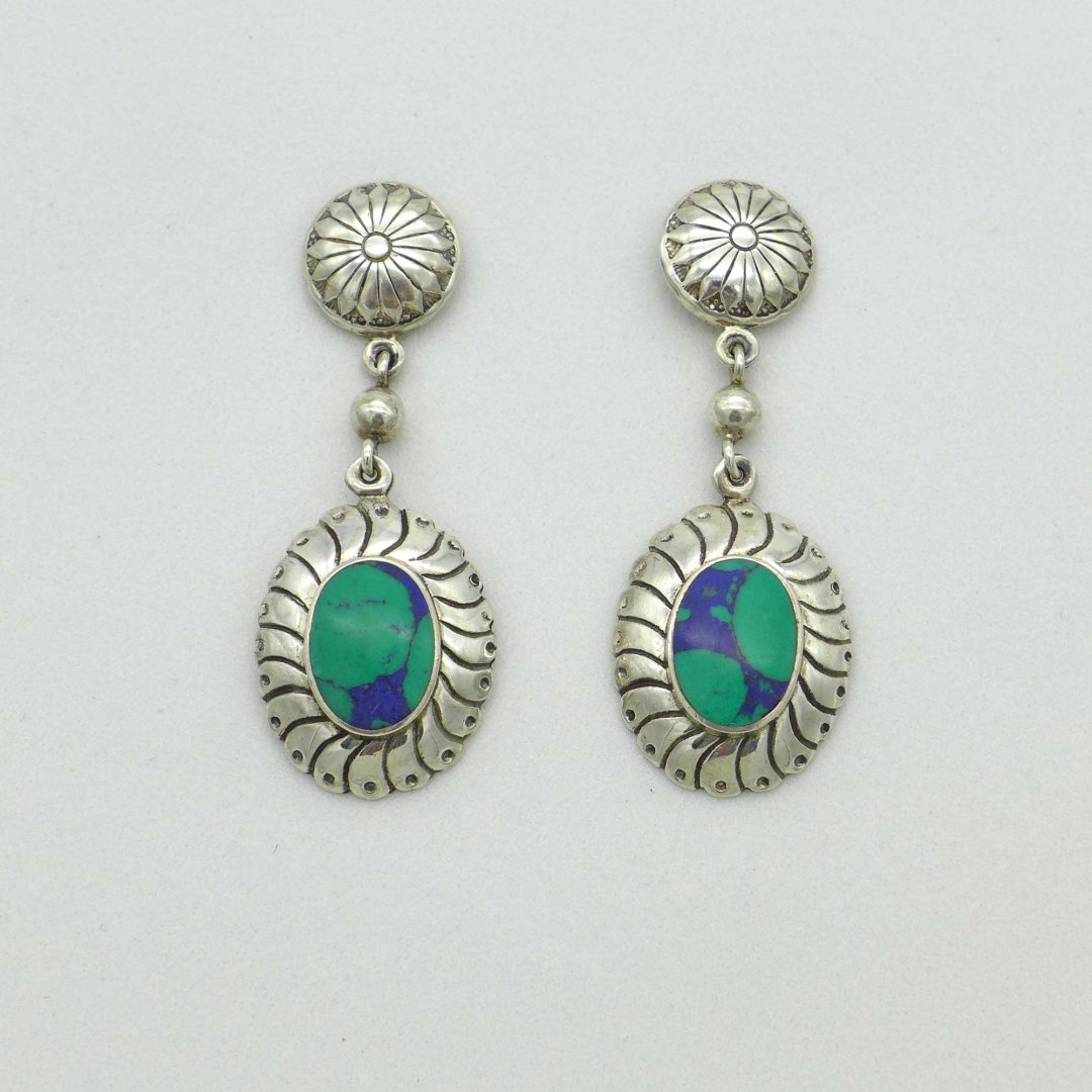 Large silver ear studs with azurite malachite