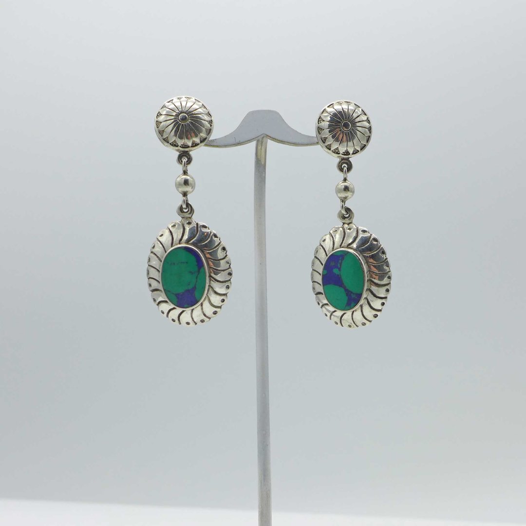 Large silver ear studs with azurite malachite