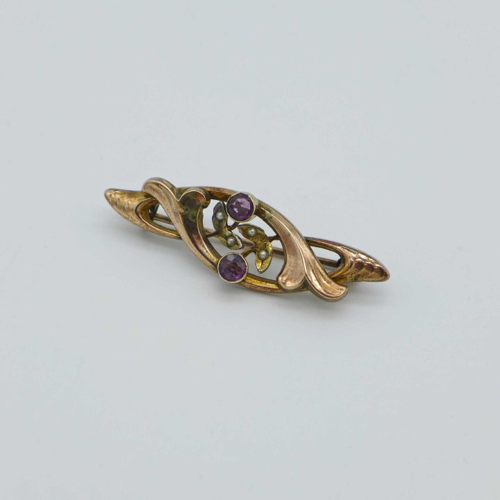 Playful Art Nouveau Brooch with Purple Stones