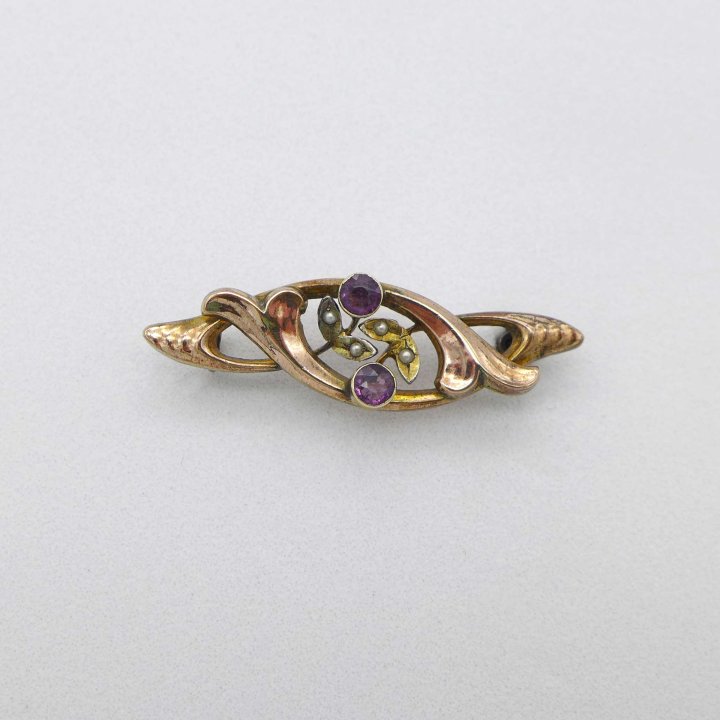 Playful Art Nouveau Brooch with Purple Stones