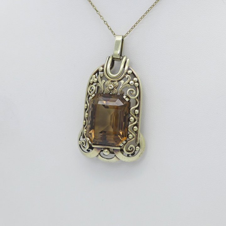 Handcrafted Art Deco pendant with large smoky quartz