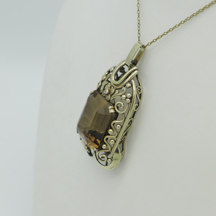Handcrafted Art Deco pendant with large smoky quartz