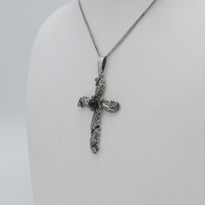 Silver cross with onyx and marcasites