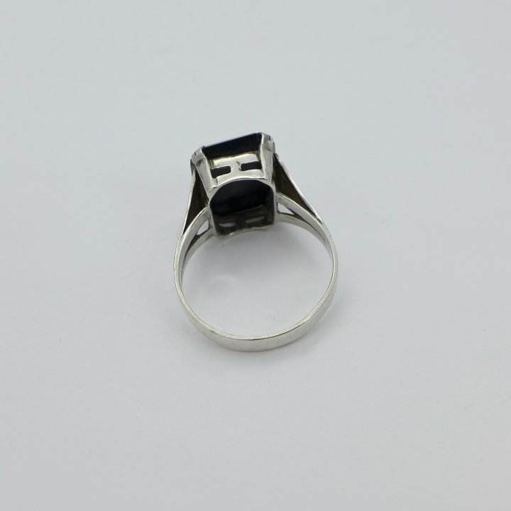 ER monogram silver ring with onyx