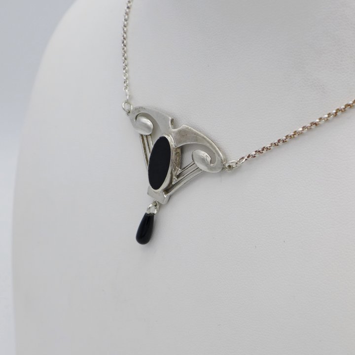 Silver Necklace with Onyx in Art Nouveau Style