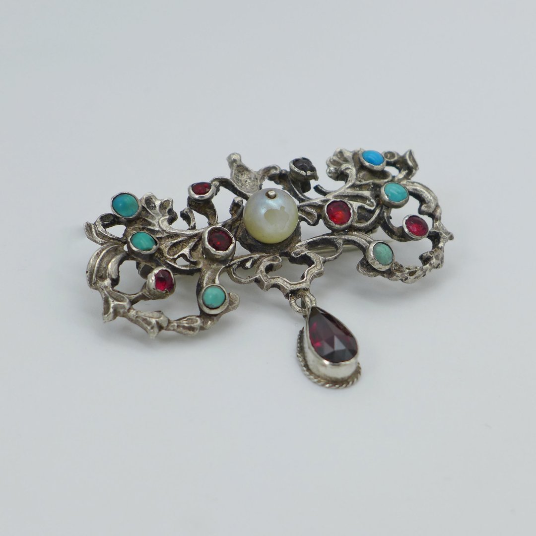 Historism Brooch with Pearl, Garnet and Turquoise 