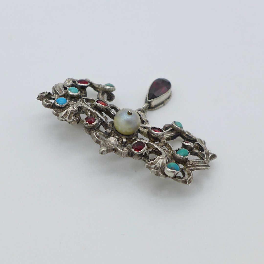 Historism Brooch with Pearl, Garnet and Turquoise 