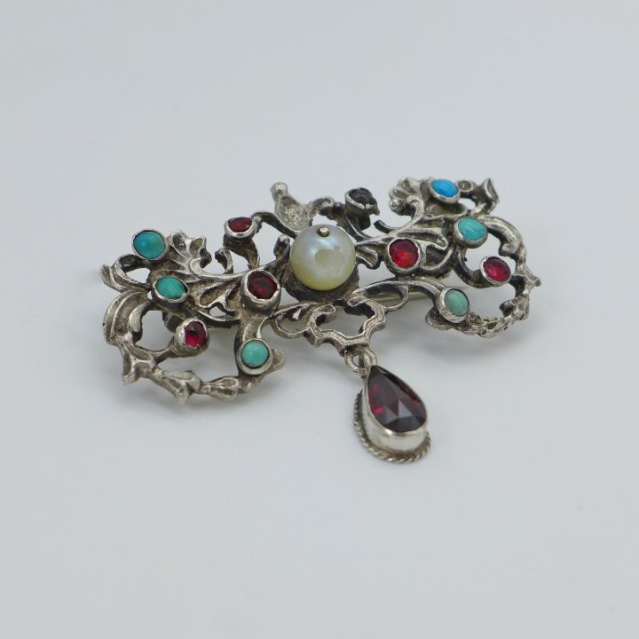 Transylvanian Brooch with Pearl, Garnet and Turquoise
