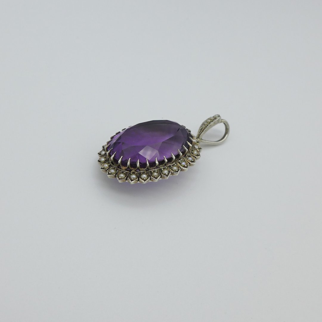Large amethyst pendant with seed pearls