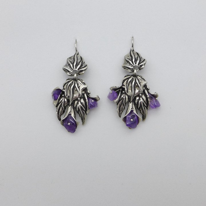 Large floral silver earrings with amethyst