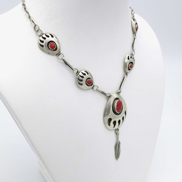 Silver necklace bear paws with corals from North America