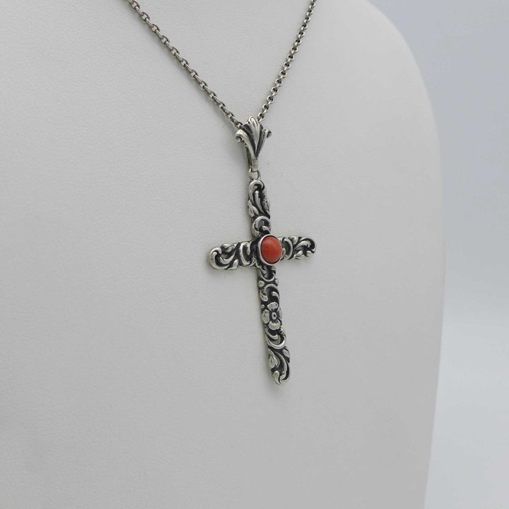 Silver cross with coral