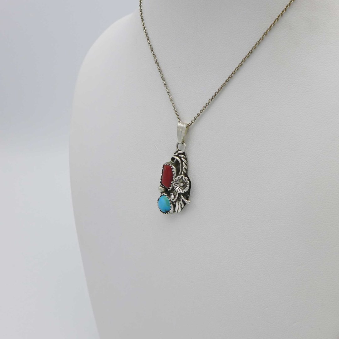 T. Benally - Navajo Pendant with Coral and Turquoise