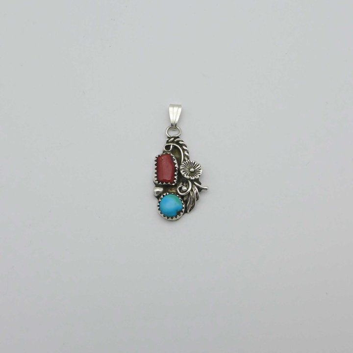 T. Benally - Navajo Pendant with Coral and Turquoise