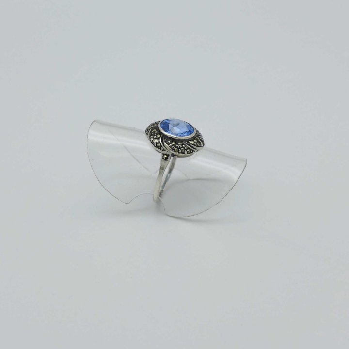 Art Deco Ring Blossom with Blue Crystal and Marcasites