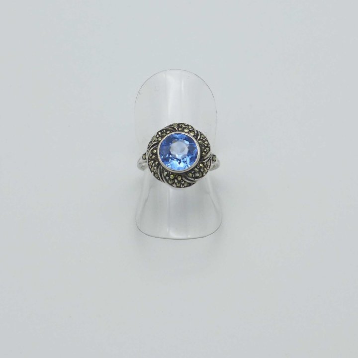 Art Deco Ring Blossom with Blue Crystal and Marcasites