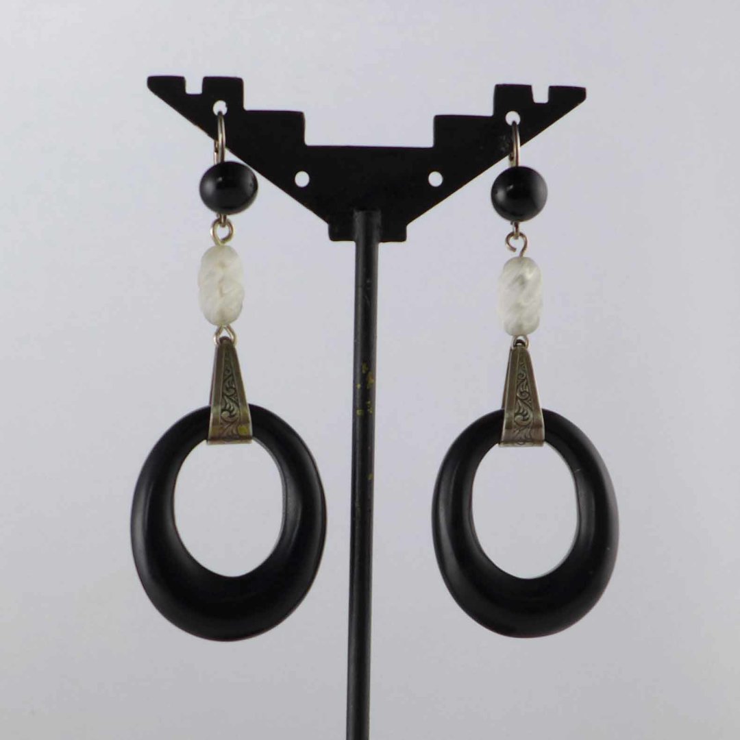 Art Deco earrings with onyx rings and rock crystal