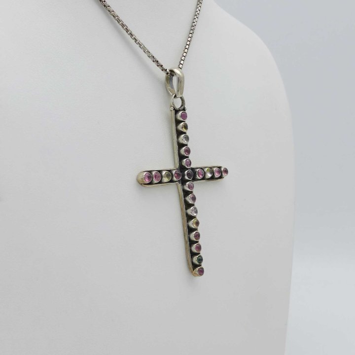 Silver cross with coloured tourmalines