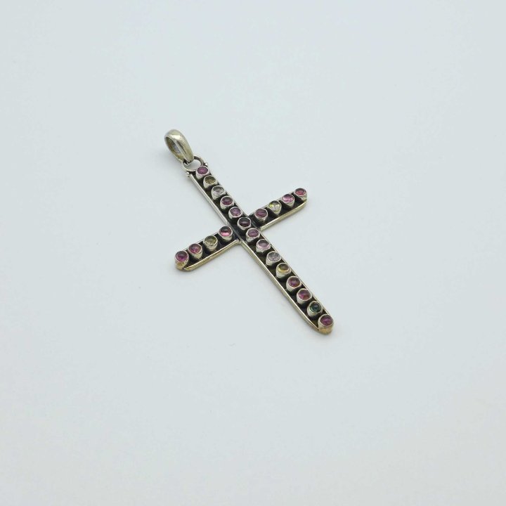Silver cross with coloured tourmalines