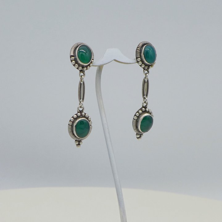 Handmade silver ear studs with green agate