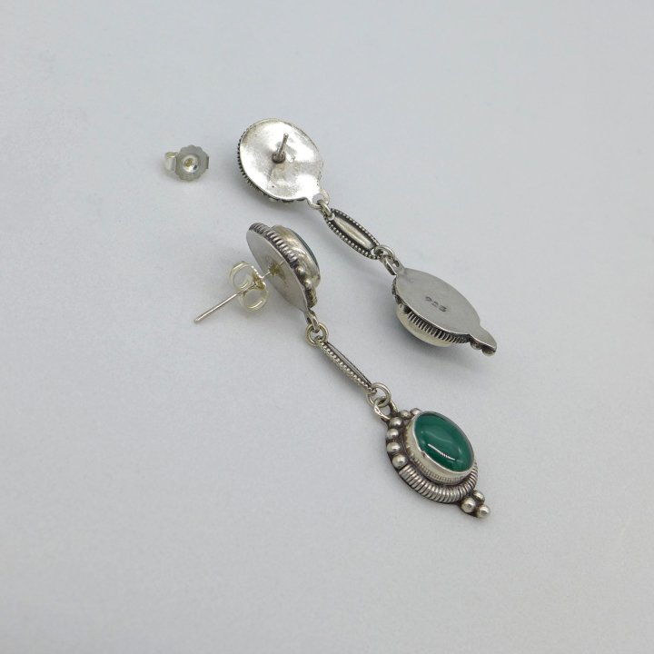 Handmade silver ear studs with green agate